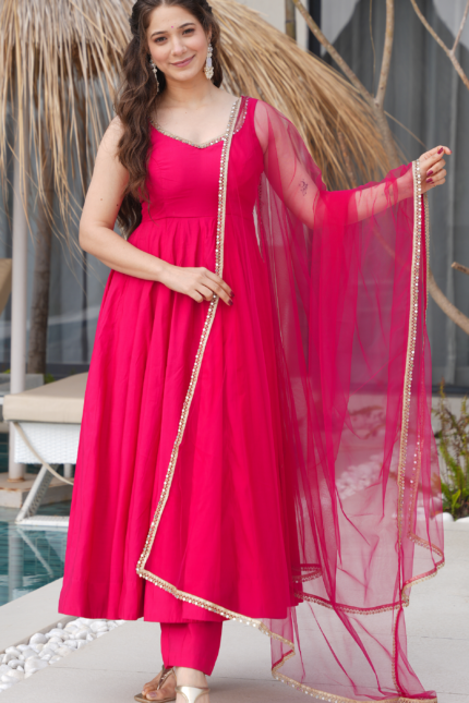 PURE ROMANSILK CHANDERI FABRIC FULLY FLAIR ANARKALI,WITH DUPPTA SET,PENT READY TO WEAR