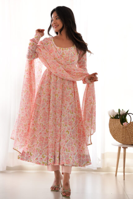 PURE ORANGE CHIFFON FLORAL PRINT FABRIC FULLY FLAIR ANARKALI,WITH DUPPTA SET,PENT READY TO WEAR