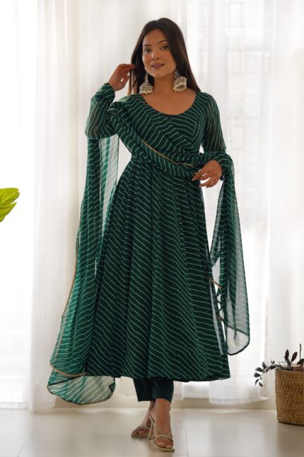 PURE FOX GEORGETTE LAHERIYA PRINT FABRIC FULLY FLAIR ANARKALI,WITH DUPPTA SET,PENT READY TO WEAR