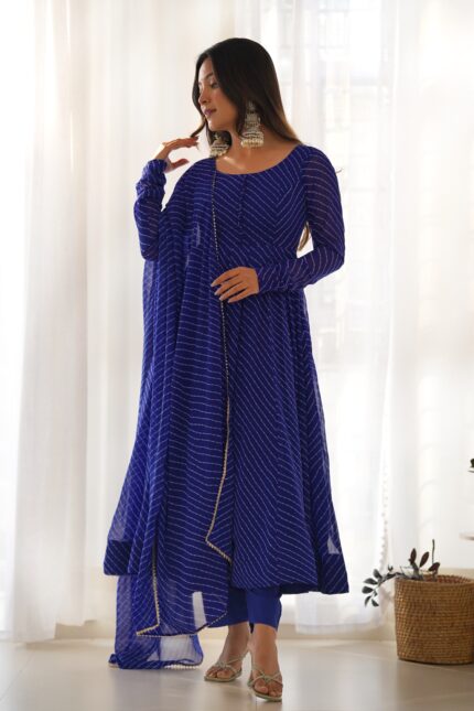 PURE FOX GEORGETTE LAHERIYA PRINT FABRIC FULLY FLAIR ANARKALI,WITH DUPPTA SET,PENT READY TO WEAR