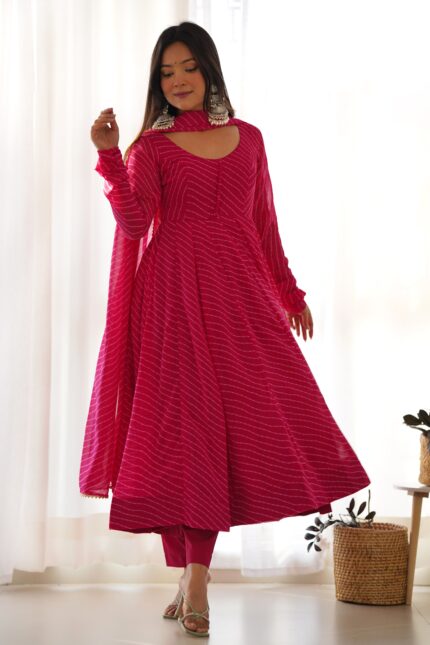 PURE FOX GEORGETTE LAHERIYA PRINT FABRIC FULLY FLAIR ANARKALI,WITH DUPPTA SET,PENT READY TO WEAR